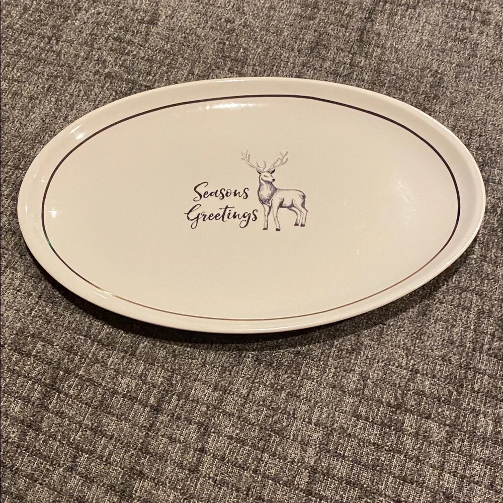 American Atelier Season's Greetings Oval Platter - White with Deer. Ceramic.